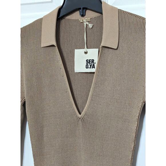 SER.O.YA Camel Beige Ribbed Knit V-Neck Long Sleeve Stretch Mini Dress Seroya XL - Picture 7 of 10